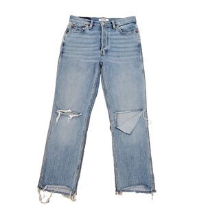Re/Done 80s Slim Straight Jeans Size 27 Brisk Blue High Rise Frayed Button Fly
